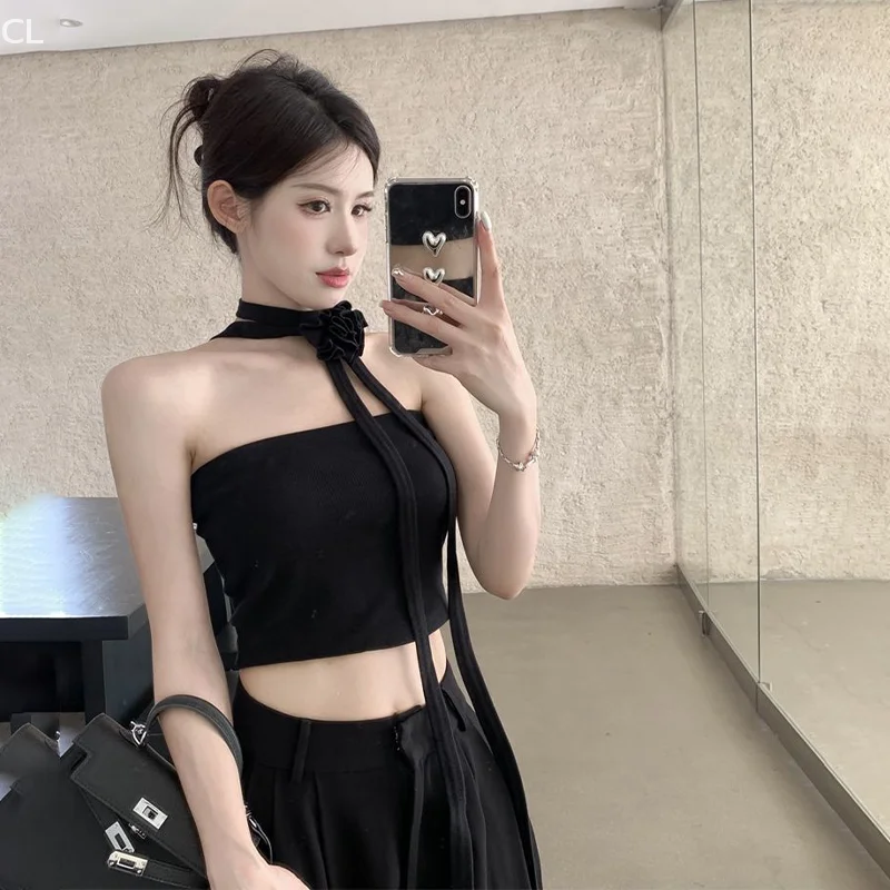 ผู้หญิงเซ็กซี่ Halter คอ Crop Tube Top ฤดูร้อนสีทึบปิดไหล่ Camisole 3D ดอกไม้ Backless Slim Tank Tops