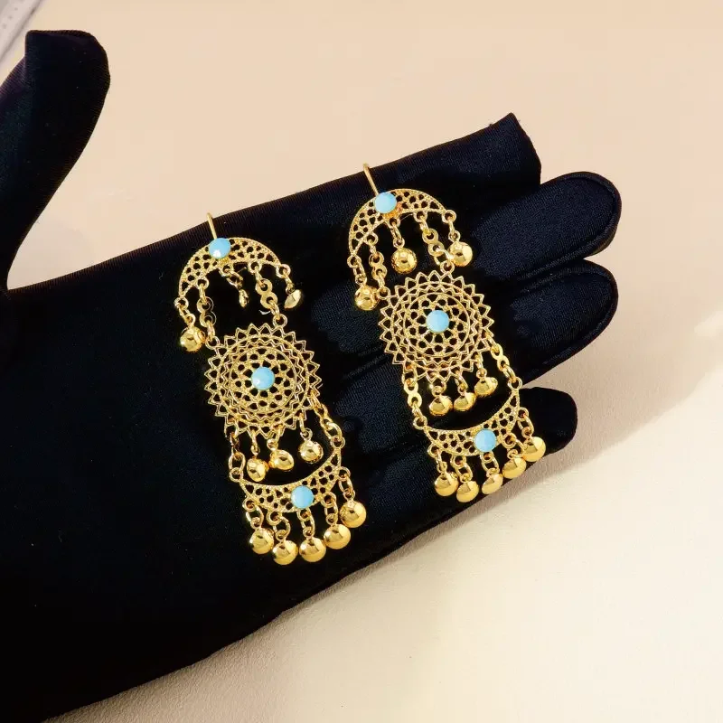 KDE Ethiopian Drop Earrings for Women Gold Color Cubic Zirconia Middle Eastern Fashion Jewelry Chain Moon Long Dangle Earring