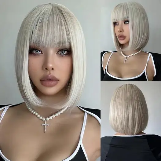 

Short Lolita Synthetic Wigs White Blonde Straight Cosplay Wig with Bangs for Women Halloween Party Use Heat Reasistant Hair