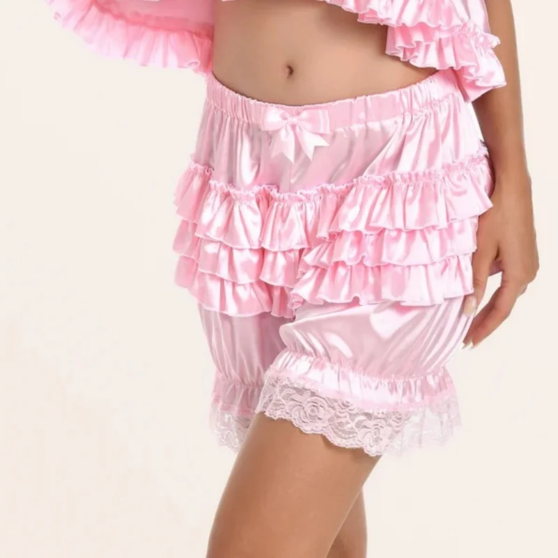 Satin Lace Ruffles Lolita Bloomers Shorts Pants Women Pink Tiered Kawaii Pumpkin Panties Y2k Vintage Victorian Bloomer