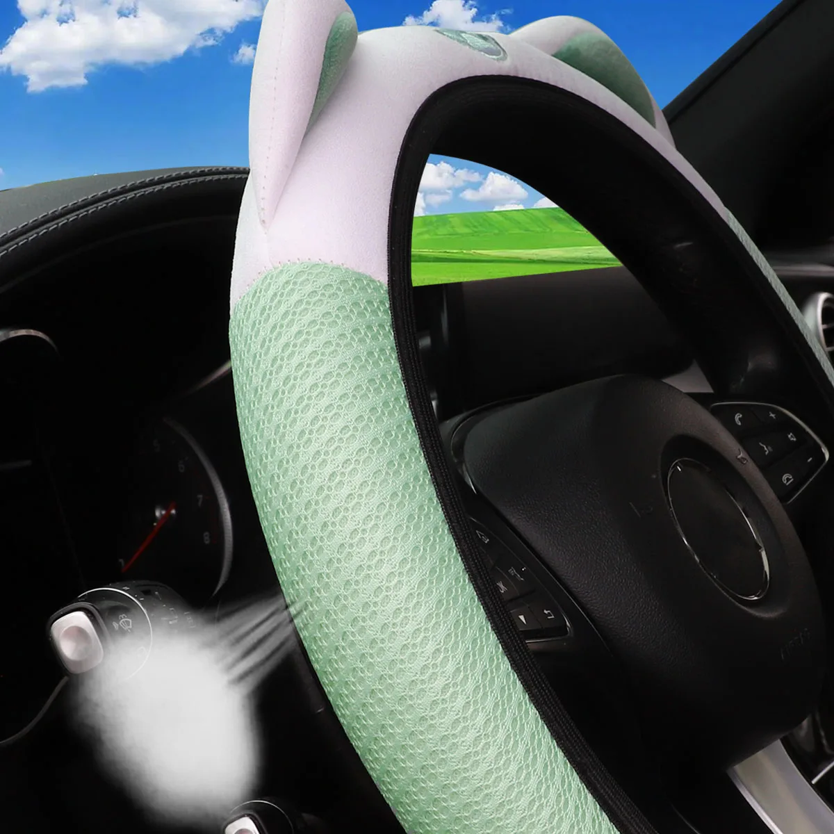 1 atmungsaktiver Mesh-Stoff-Lenkradbezug mit niedlichem Kätzchen-Motiv ohne Innenring, passend für 14,5-15 Zoll, Autozubehör – Detail 11