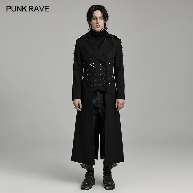 PUNK RAVE Men\'s Punk Heavy Industry Visual Long Coat Flip Collar Design Shoulder Spikes Casual Mens Jacket Autumn