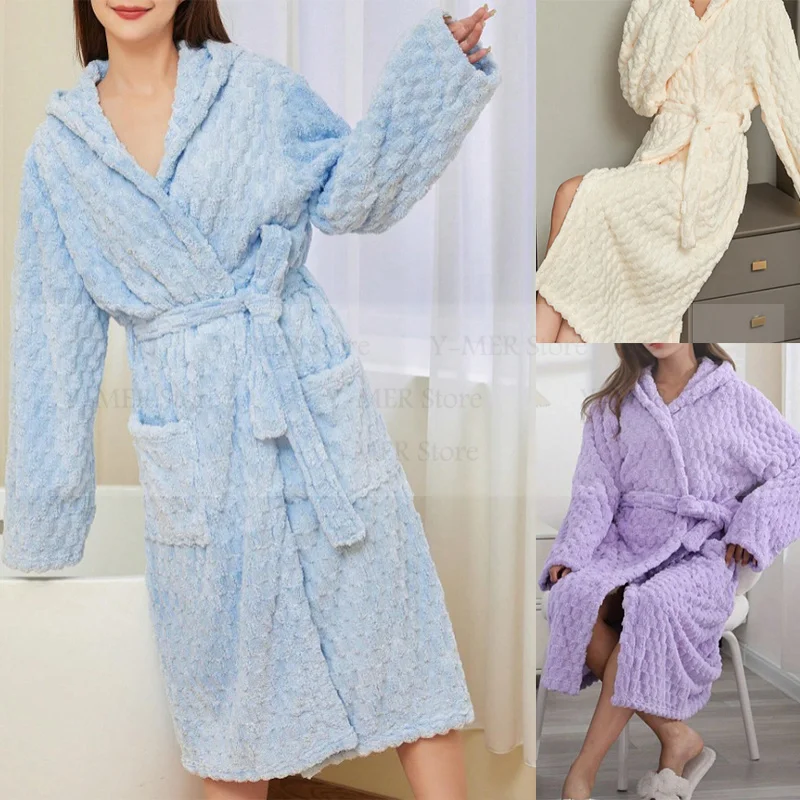 

Теплая одежда для сна из кораллового флиса, зимнее теплое плюшевое повседневное кимоно, женское интимное белье с капюшоном, халат, пижамы, домашняя одежда