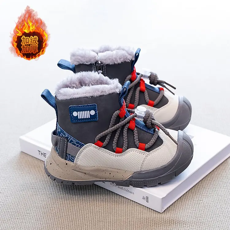 

Зимние ботинки с кроличьим мехом для детей, ветрозащитные детские зимние ботинки из искусственной кожи для подростков, нескользящие плюшевые ботинки для мальчиков и девочек
