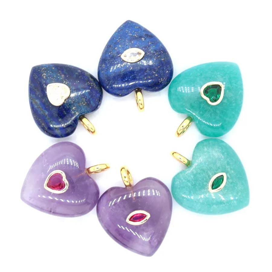 Colgantes de Piedra de Corazón de Cristal Natural Curativo para Mujer, Collar DIY, Amatista, Cuarzo Rosa, Pedrería, Joyería para Hombre