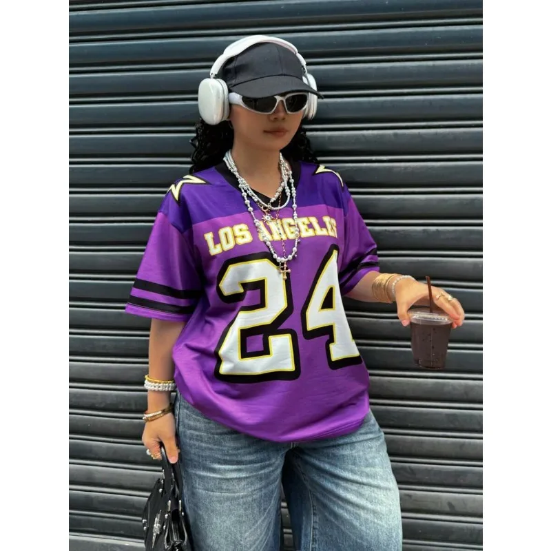 

Summer Casual Colorblock Letter&Number Print Short Sleeve T-shirt Women's Simple Fashion Printed V-neck Loose T-shirt Jersey