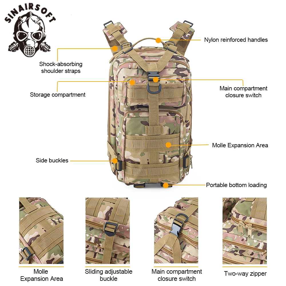 30L Field Survival Hiking Backpack 3P EDC Molle Pack Outdoor Sport Camping Backpack Multifunctional Hunting Fishing Back Pack