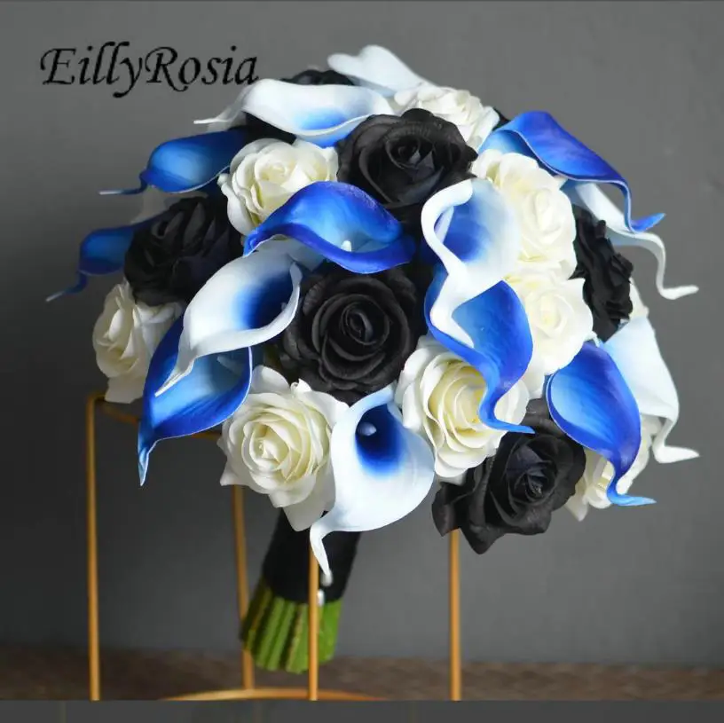 

EillyRosia Royal Blue Black White Gothic Wedding Bouquet Artificial Bridesmaid Holding Flowers Girls ramo de flores para novia