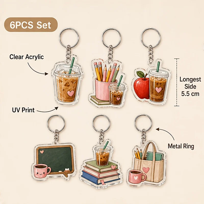 6pcs Coffee Study Acrylic Keychain – 2D Cute Aesthetic Backpack Decoration Gift for Students