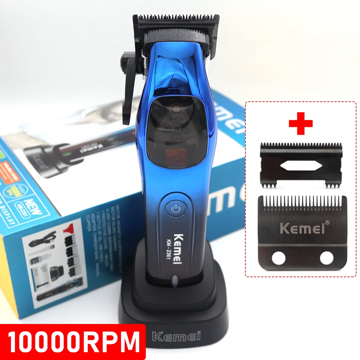 Kemei-Profissional Sem Fio Aparador De Cabelo Elétrico, Alta Velocidade, Motor Magnético, Barbeiro Cabelo Clippers, Máquina De Corte De Cabelo, 10000RPM