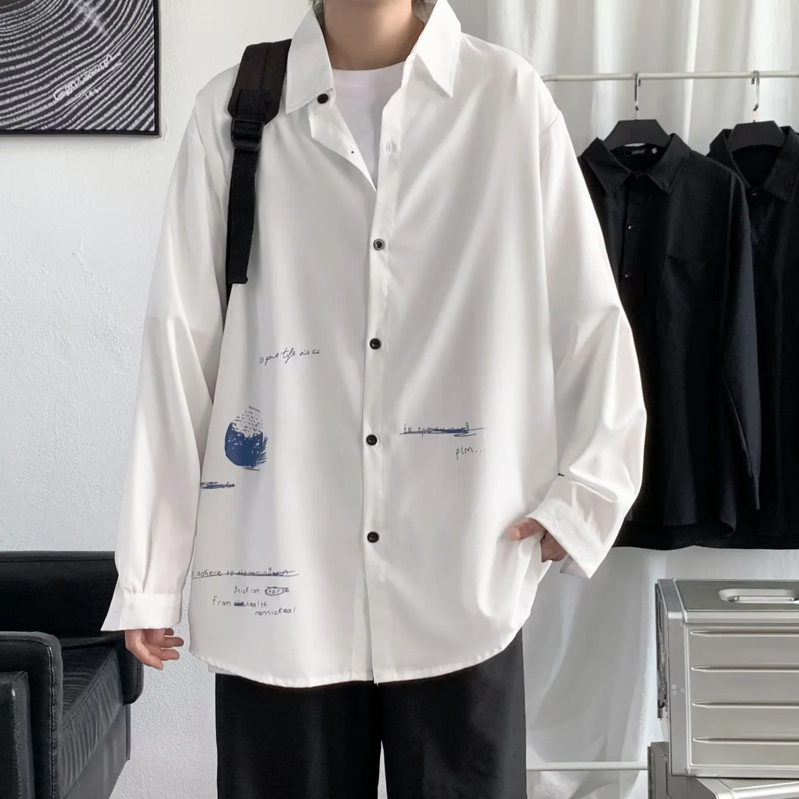 

Men Casual Long Sleeve Autumn Winter Printed Shirts Korean Fashion Shirts Tops Oversize Blouse Solid Shirts Cardigan Coat Camisa