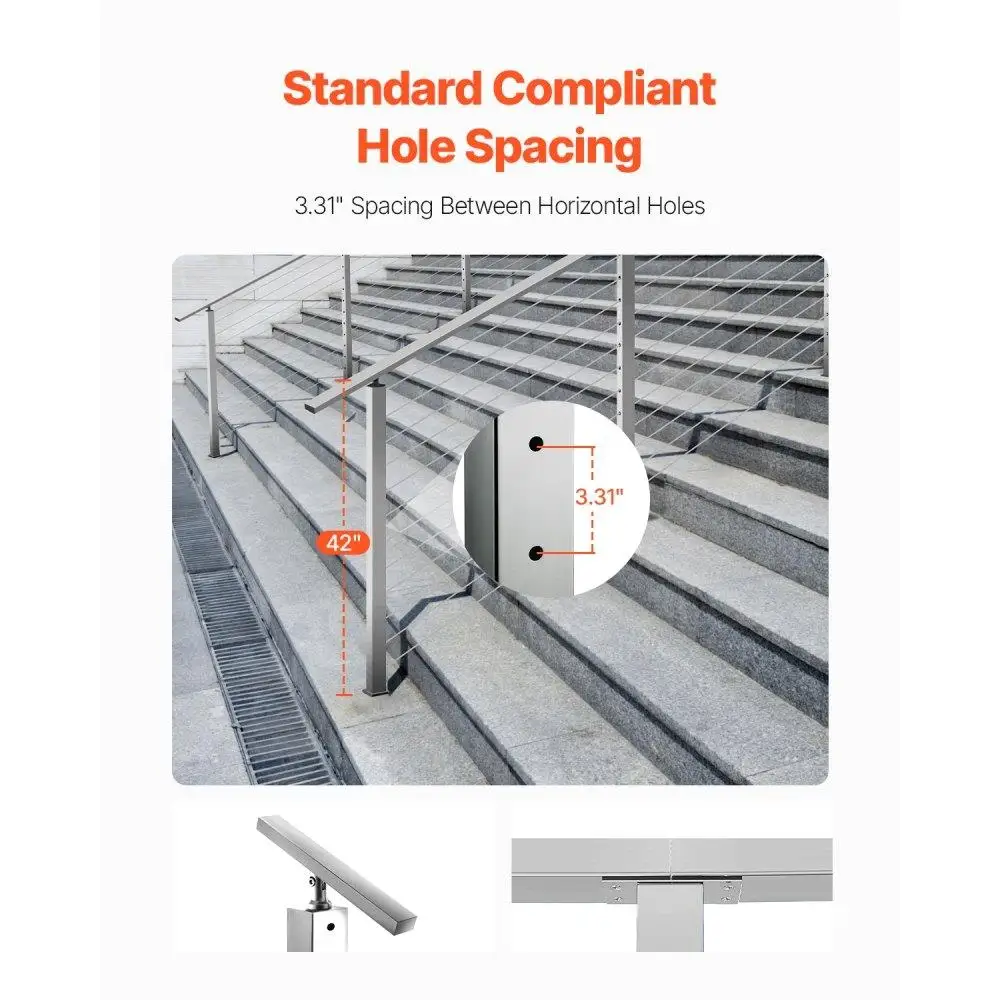 Stainless Steel Stair Railing Post 42 Inch with Pre-Drilled 30 Degree Angled Holes Horizontal and Curved Bracket Silver