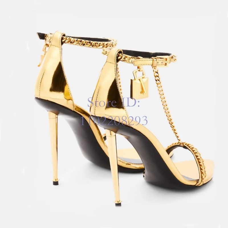 Gold Metal Chain Pointed High Heeled Sandals Open Toe Back Lock Buckle Strap Pendants Sandals 2024 Summer Women Fashion Shoes