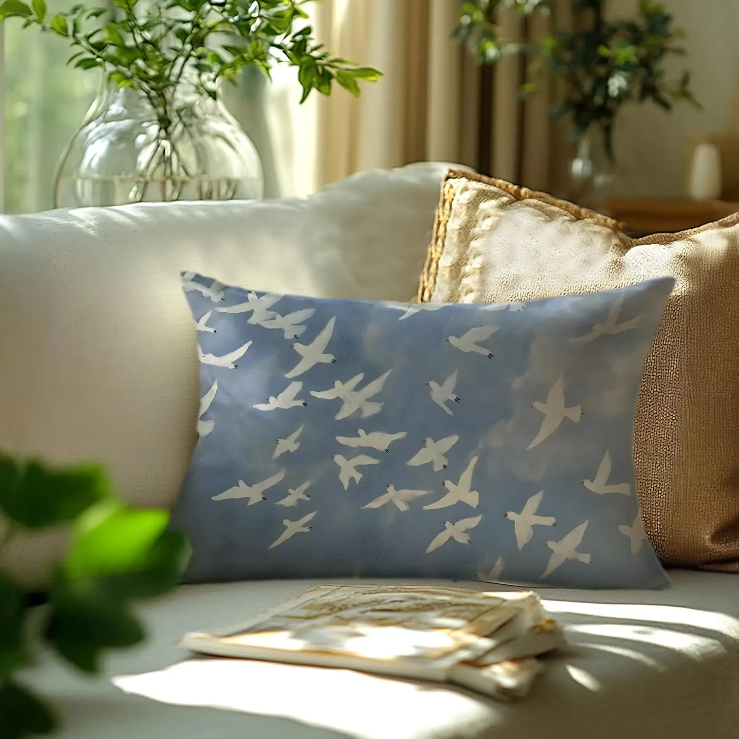 Blue Abstract Coastal Pigeon Pillow Case Double-Sided Peace Bird Decorative Cushion Cover, Sky Blue Home Couch Decor, 1PC