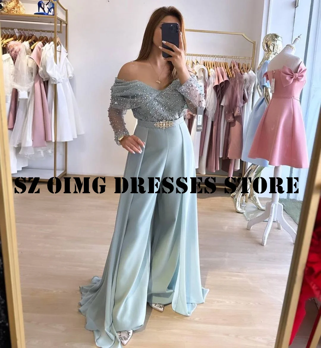 

OIMG New Design Beading Jumpsuit Prom Dresses Arabic Women Ruched Off the Shoulder Green Evening Gowns Formal Party Dress