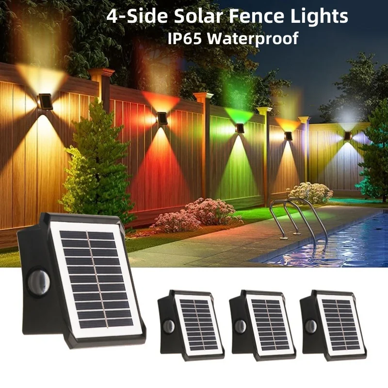 4-Side Solar Powered Fence Lights IP65 Waterproof Solar Outdoor Wall Light for Garden Patio Backyard Stairs Deck Porch RGB color