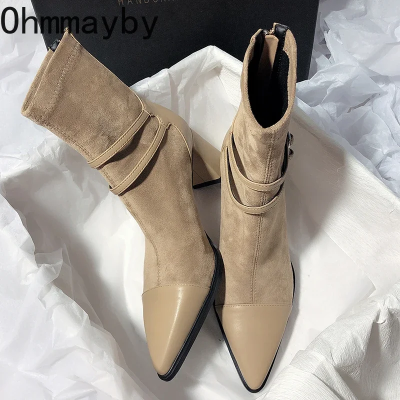 2025 inverno donna stivaletti moda scarpe a punta stivaletti corti signore eleganti tacchi spessi Botas De Mujer