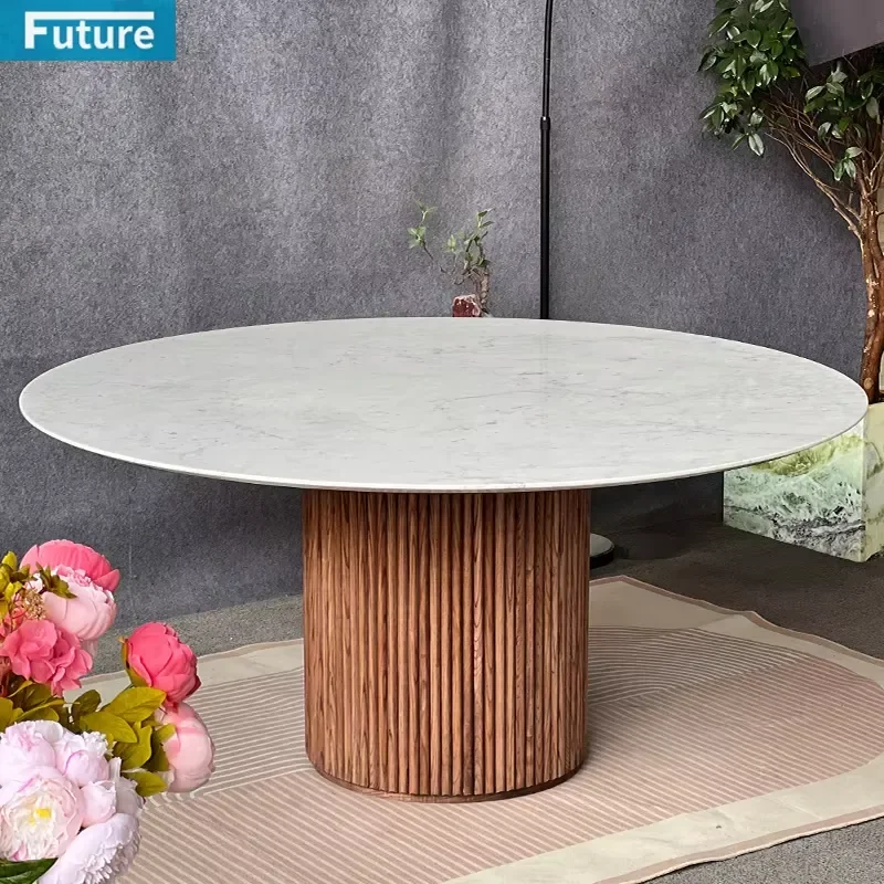 Style Customize Natural Round Top Carrara White Marble for Villa 6 Seater Dining Table Furniture with Wooden Leg