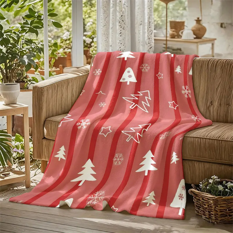 Xmas Tree Stripes Flannel Blanket Warm Soft Halloween Christmas Decorative Couch Warm Cozy All-Season Gift