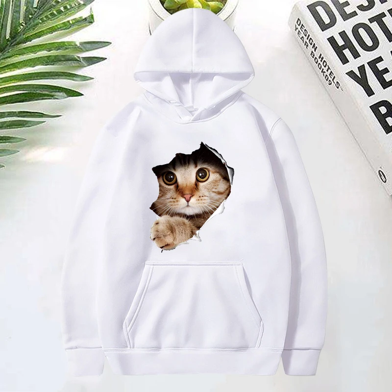 

New Cat Print Hoodies Women Spring Autumn Fashion Pullovers Ladies Solid Color Hooded Full Sleeve Sweatshirt