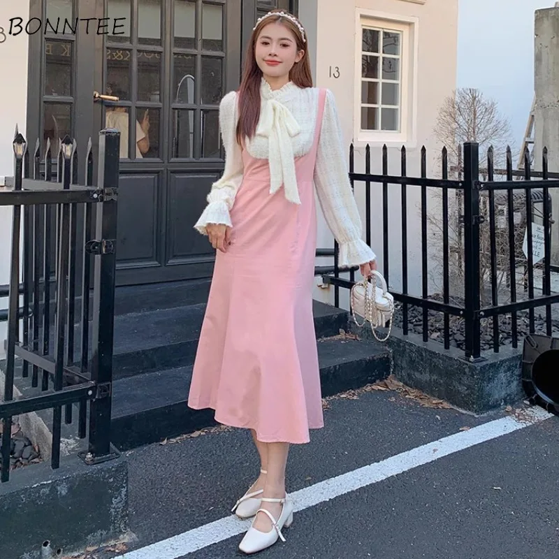 Dresses Women Chic Knitted Patchwork Fake 2pcs Gentle Stylish Defined Waist Korean Fashion Autumn Bow Design Trendy High Street