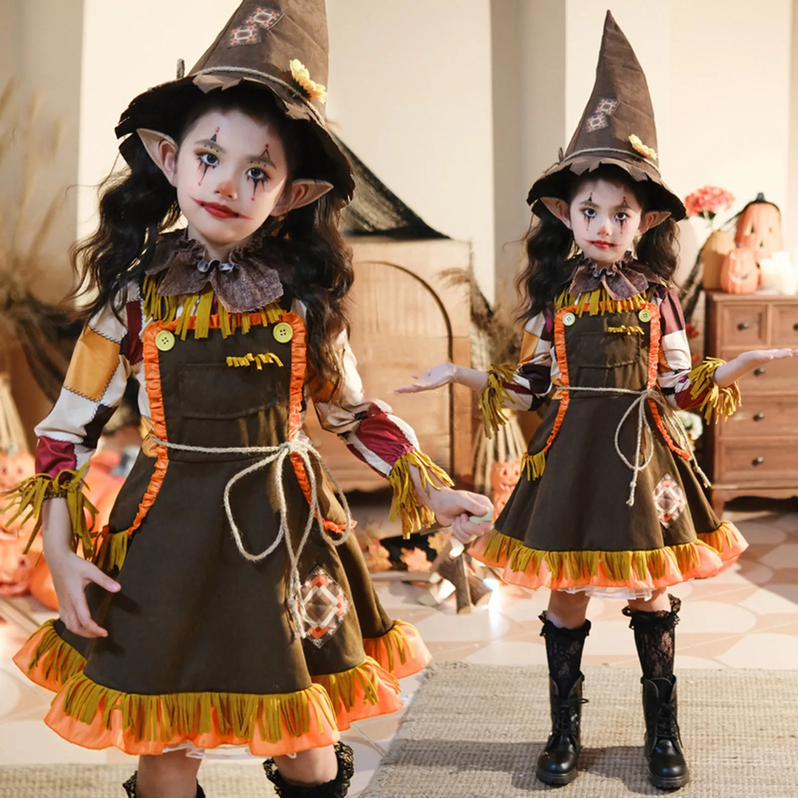 5Pcs Halloween Costumes Kids Girls Sets Scarecrow Cosplay Magic Pastoral Dressing Set pumpkin Costume Anime Girl Dress Outfits