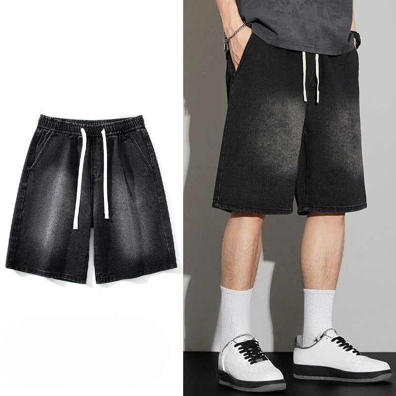 2026 Thin Denim Shorts Men's Summer Retro Washed Fried Street Ruffian Handsome Pants Loose  Straight Five-point Blue Pants