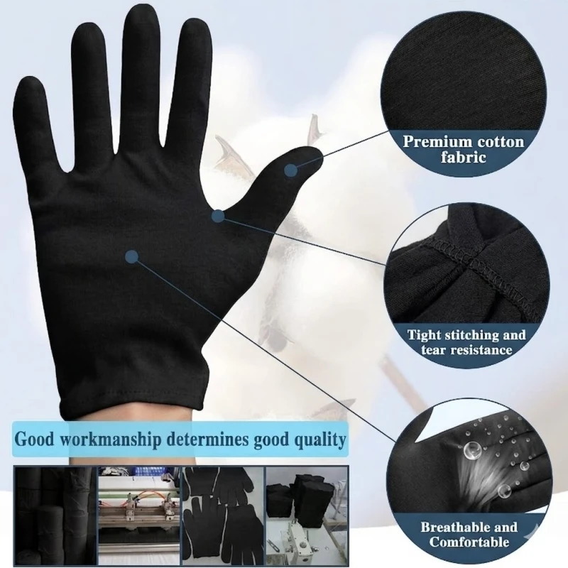12/24PCS Black Cotton Gloves for Dry Hands Cloth Work Glove Liners for Eczema Moisturizing Gardening Costume Inspection Gloves