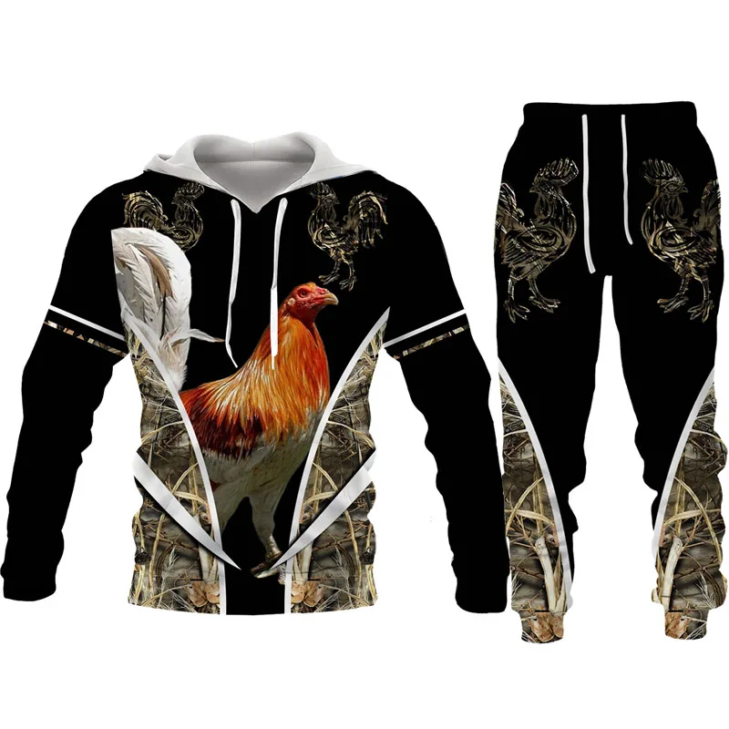 Set Hoodie Pria setelan olahraga Camo berburu ayam jantan Set Hoodie + Celana pria Harajuku dua potong Set Pullover modis gambar cetak 3D hewan ayam