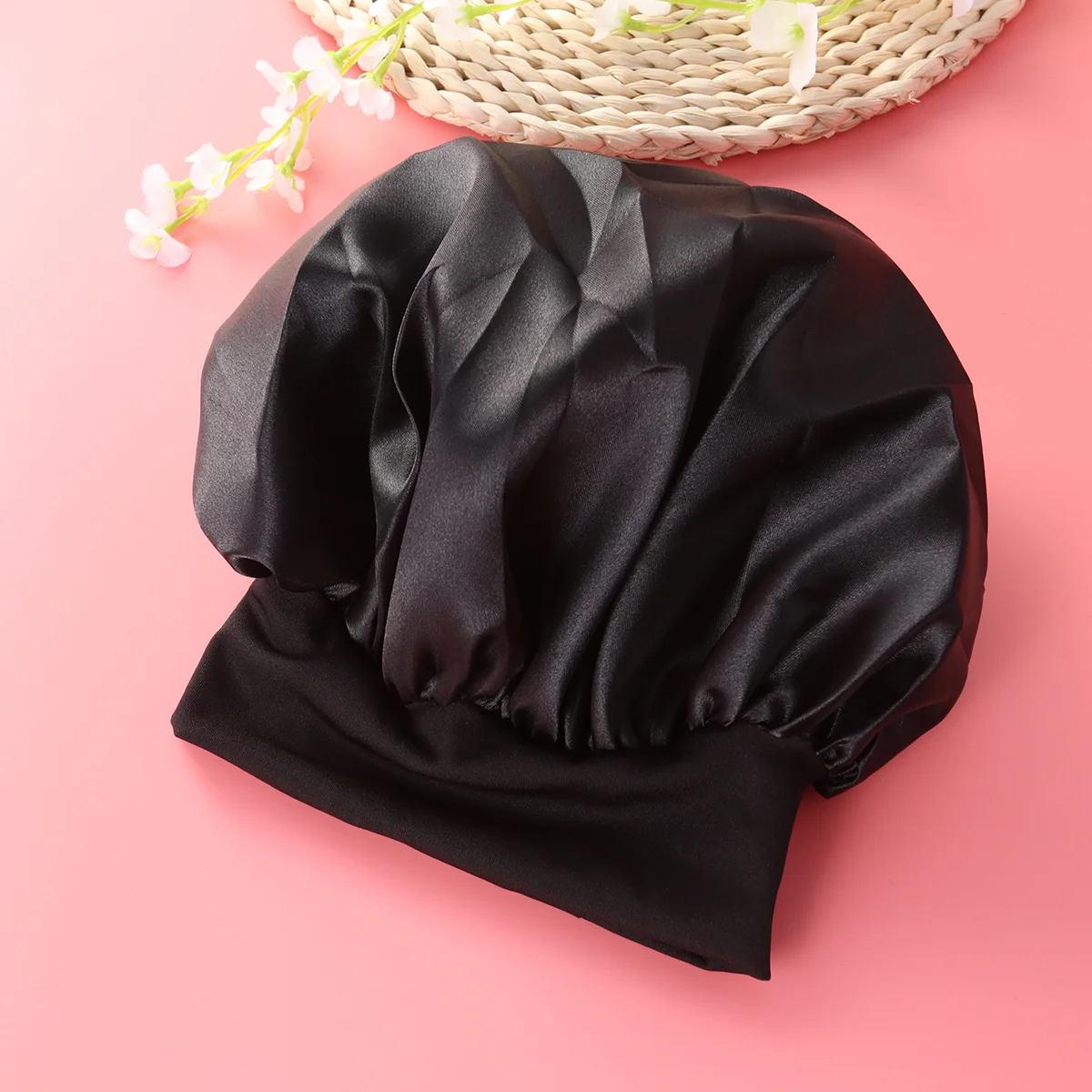 56-58cm Wide Side High Resilience Long Hair Bonnet Sleeping Size M (Black) wide side sleeping cap black