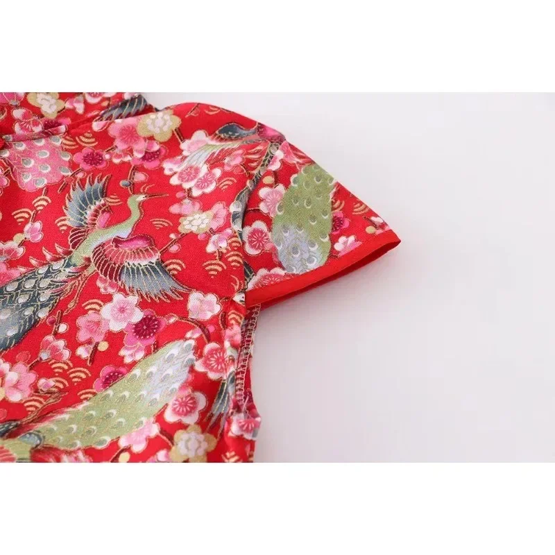 New Year Red Qipao Summer Dress Girls Fragmented Flower Clothes Girls Retro Classical New Chinese Style Print Button Dresses