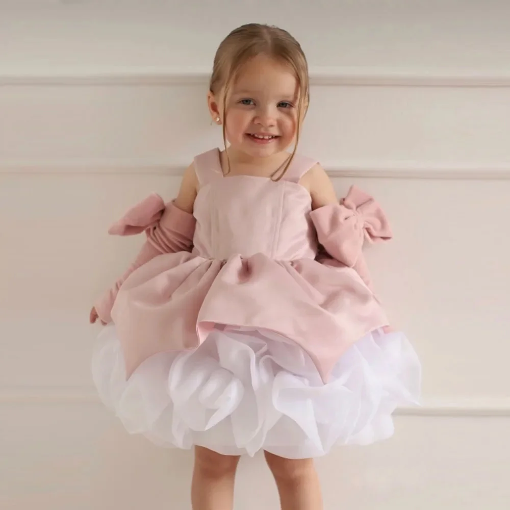 

Customized Pink Flower Girl Dress For Wedding Fluffy Velvet With Bow Lovely Kids Birthday Party Banquet First Communion Gown