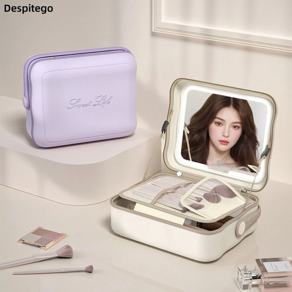 

Large Capacity Makeup Bag with LED Lights Waterproof Portable Lighted Cosmetic Case with Mirror Anti-drop Detachable