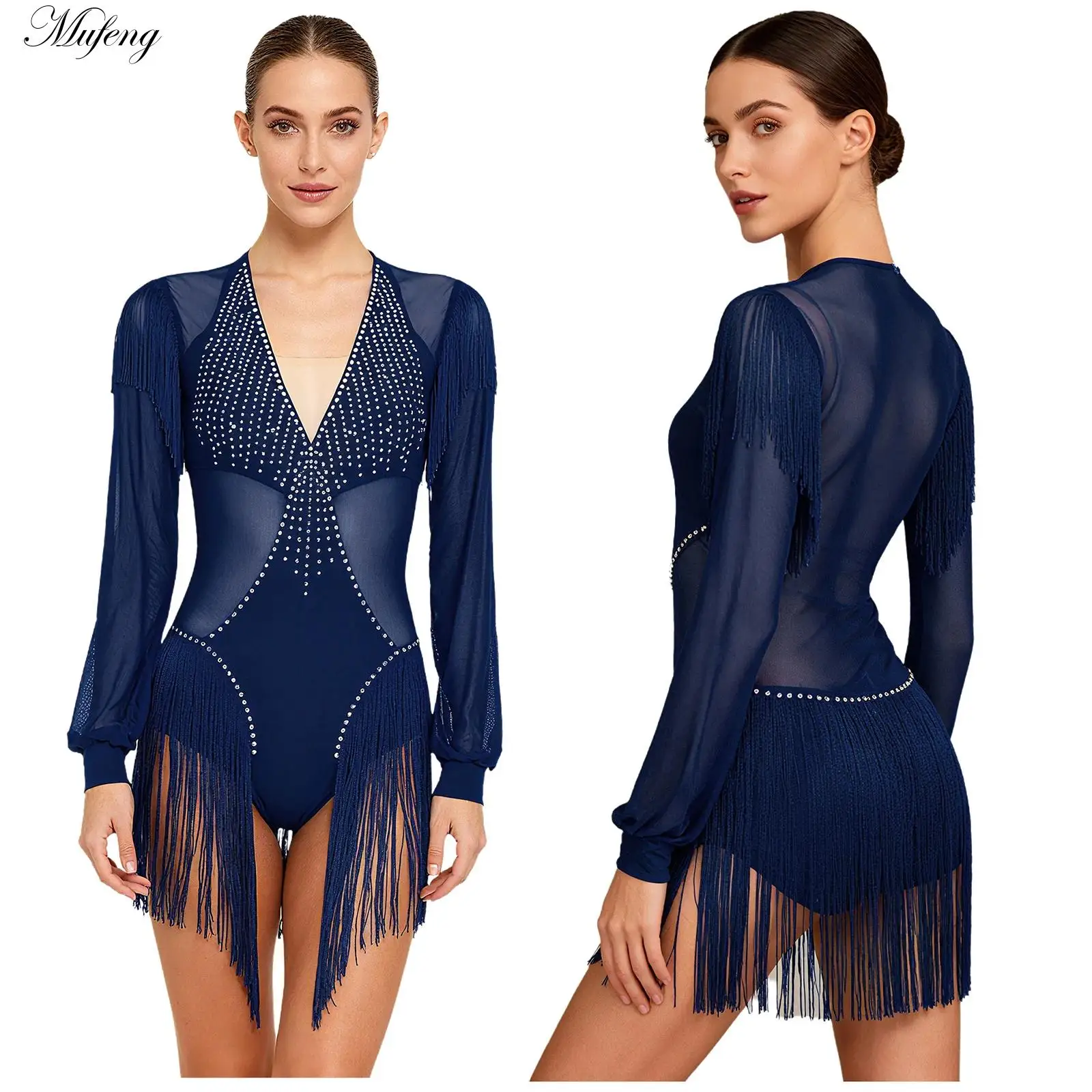 Robe de danse latine à franges pour femmes, strass brillants, justaucorps Samba Salsa Tango, Costume de danse de compétition sur scène de patinage artistique