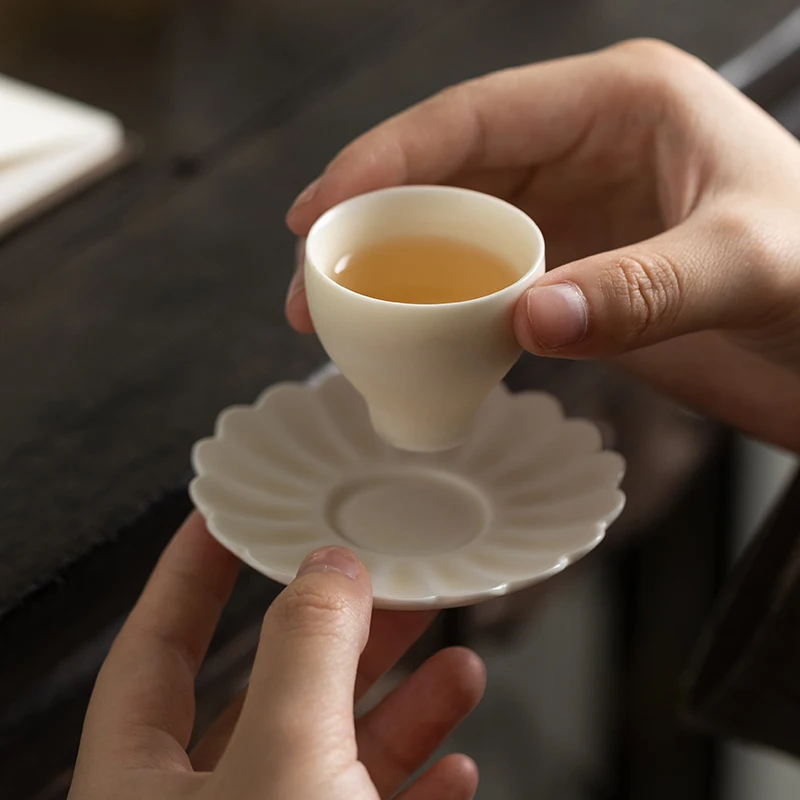 Matte Ceramic Tea Cup with Coaster Single Cup White Porcelain Drinking Cup Flower Pattern Cup Holder for Hostess Small Guest Cup - view 2