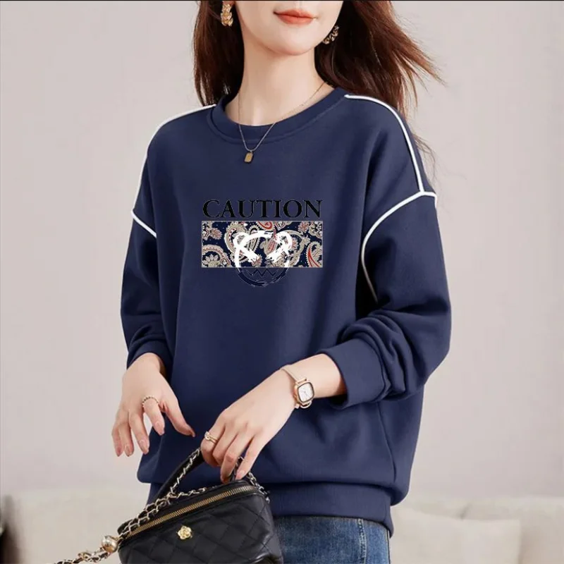 Hoodies Flocking Round Neck Pullover Geometric Letter Printing Lantern Long Sleeve Women\'s Clothing Autumn Winter Korean Tops