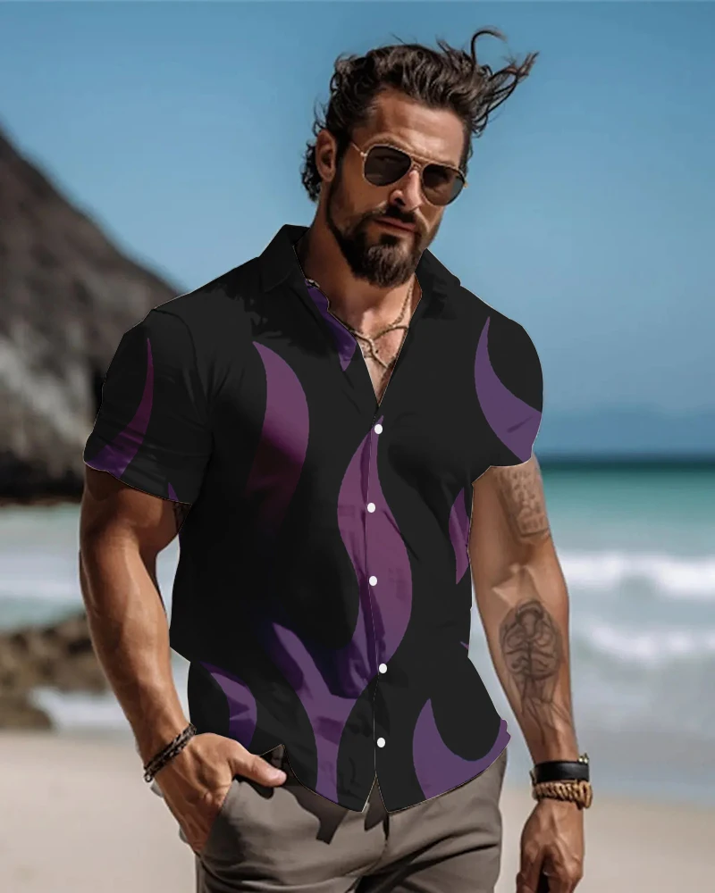 Camicia a maniche corte da uomo New Flame Pattern camicia abbottonata con risvolto camicia Casual Fashion Big Size camicia abbottonata con risvolto