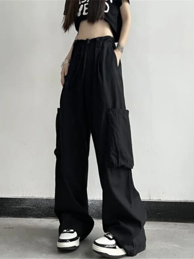 Cargo Pants Women Loose Solid Pockets Empire Floor Length All-match Chic Preppy Style Streetwear Female Daily Ins Autumn Winter