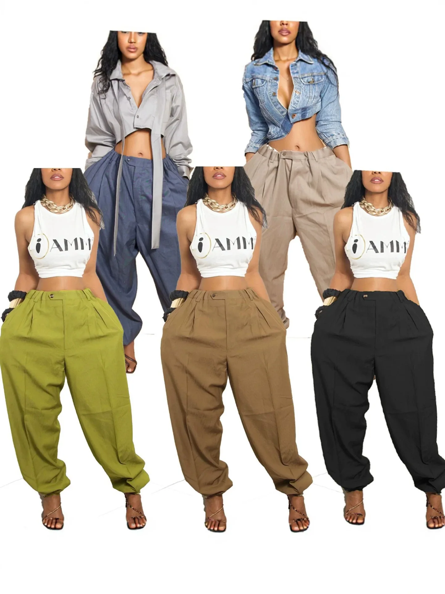 Women Loose High Waist Pleated Pants Baggy Tapered Leg Cuffed Ankle Casual Street Fashion Trousers