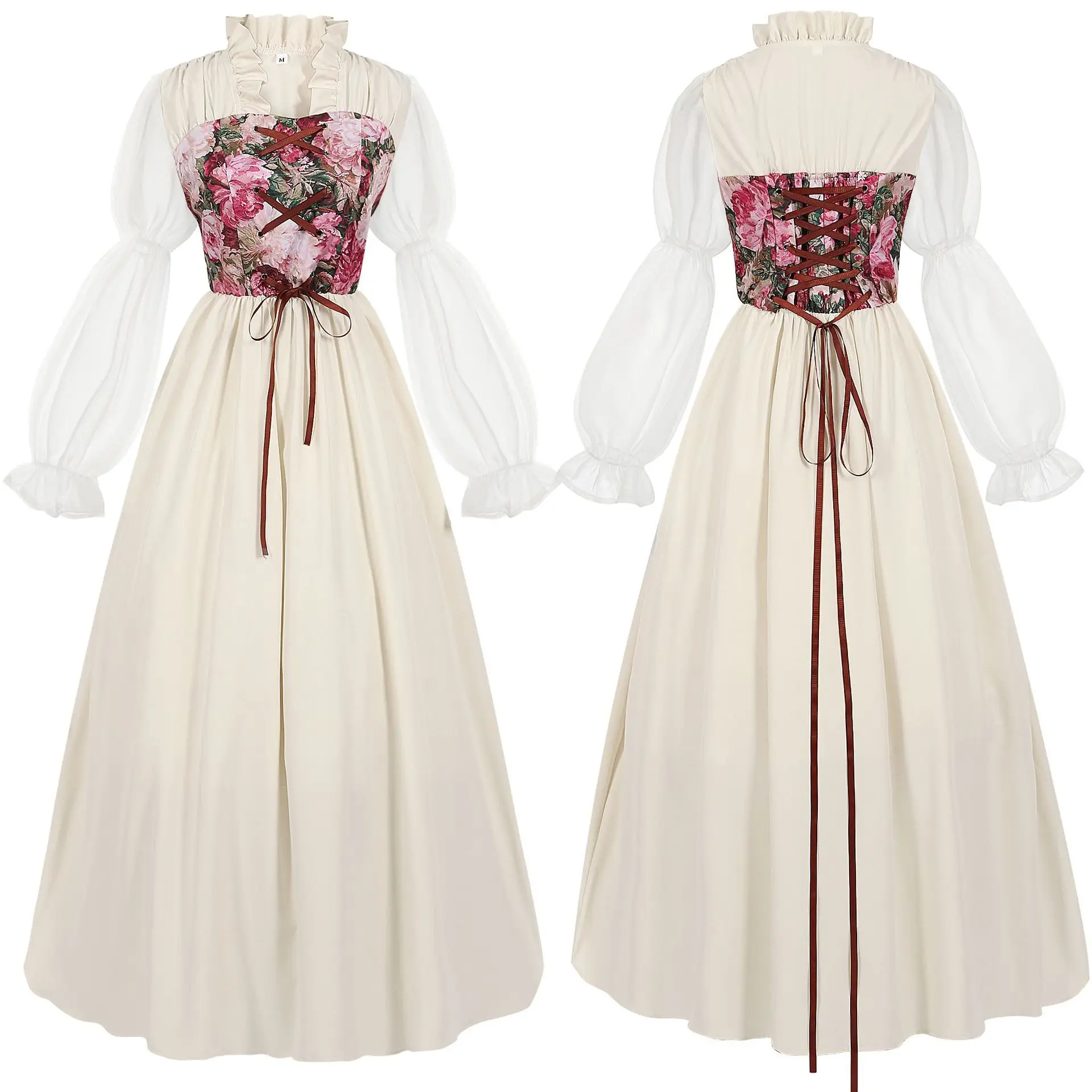 Renaissance Jurken, Dames Middeleeuwse Kostuums, Zomer Vintage Elegante Korte Mouw O-hals Zak