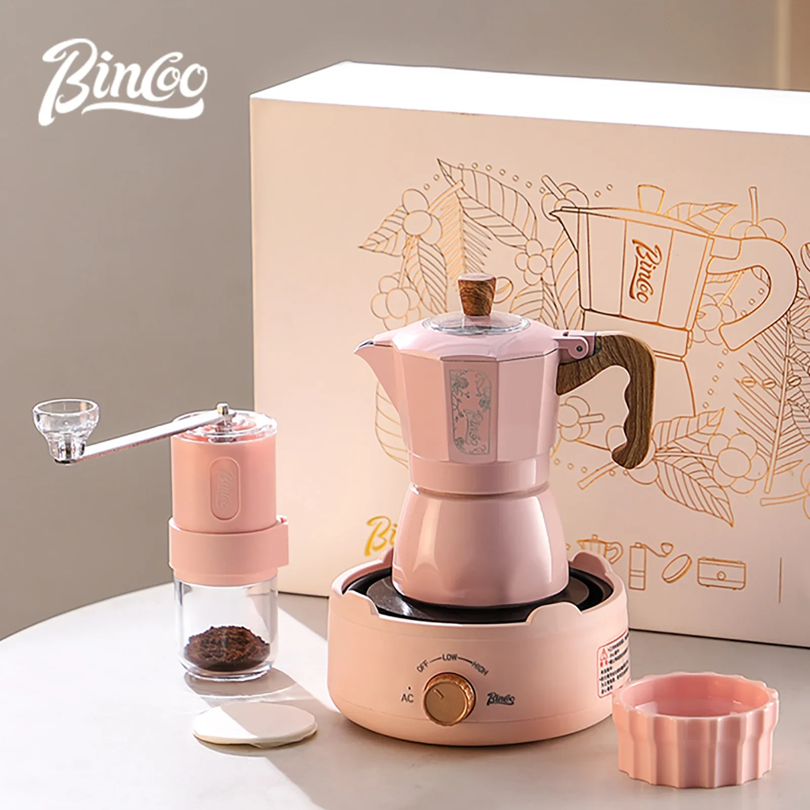 BINCOO Dual Valve Moka Pot Gift Box Extraction Coffee Pot Espresso Coffee Maker Italian Home Outdoor Hand Brewed Coffee Pot 220v