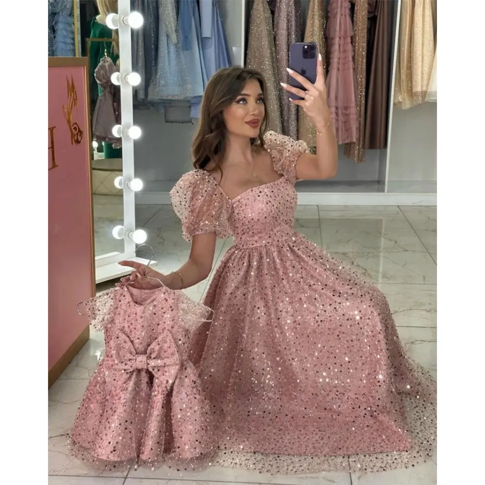 Abiti da sera con paillettes rosa maniche corte a sbuffo madre e figlia araba a-line abiti da ballo per feste formali Vestidos de fiesta