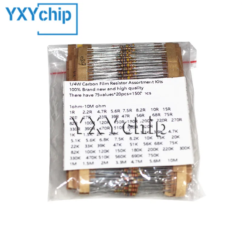 

1500 шт./лот, набор резисторов из углеродной пленки 1/4 мощности, 75 значений, сопротивление 1 Ом-10 М Ом, 5%, набор электронных резисторов