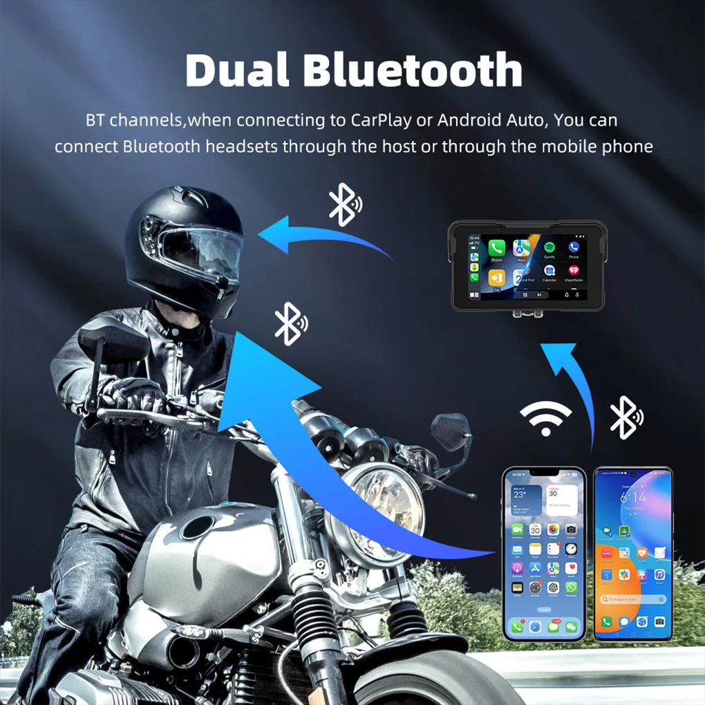 لوحة قيادة رقمية محمولة للدراجات النارية مقاس 5 بوصات لاسلكية CarPlay Moto Android Auto GPS شاشة عرض تعمل باللمس للملاحة للدراجات النارية