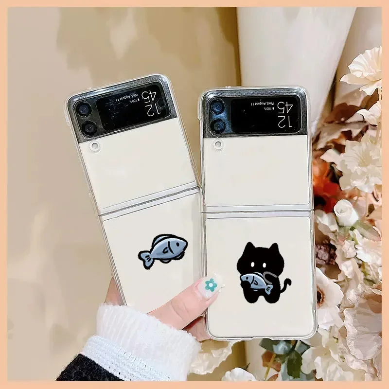 Funny Cute Fish Cat Couple Folding Phone Case for Samsung Galaxy Z Flip 5 ZFlip 6 Clear Cover for Samsung ZFlip 4 3 Fundas Shell