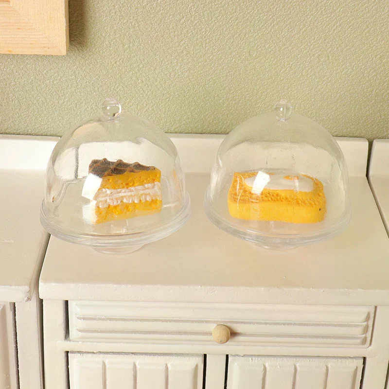 Dollhouse Miniature Cake Transparent Tray W/Cover Dessert Display Rack Kitchen Model Decor Toy Doll House Accessories 1Pc