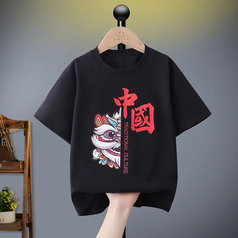 

2024 Summer Kids Tops Clothes New Chinese Style Teenager T-shirts Cotton 2y 8y 15y Toddler and Big Child Tees Unisex