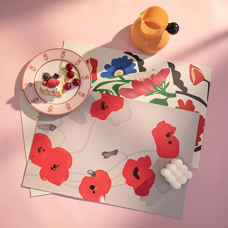 VIKAMA Abstract Poppy Floral Placemat Red Flower Art Print Waterproof Non Slip Heat Resistant Dining Table Desk Pad