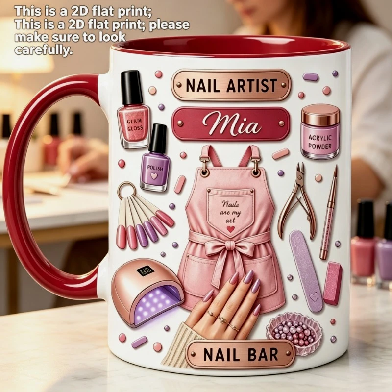 2D Printing Mug for Manicurist, Ceramic Coffee Mug, 11Oz, Customizable Name/text, UV Glue Nail Lamp Element Design, Microwave Ov
