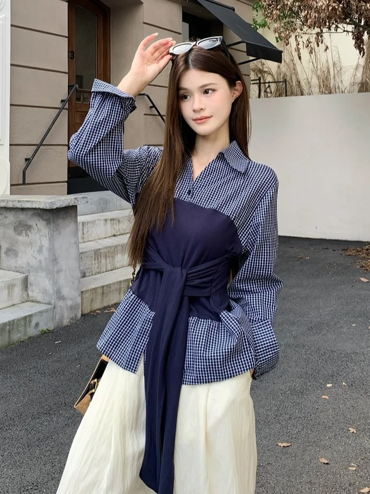

Retro Korean Plaid Shirt Women's Spring Autumn Slimming Waist Tie Base Shirt Top Fake Two-Piece Collar Long Sleeve Cotto...